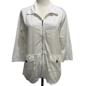 Onque Casual White Eyelet Embroidered Lightweight Sweater Women Large Chic